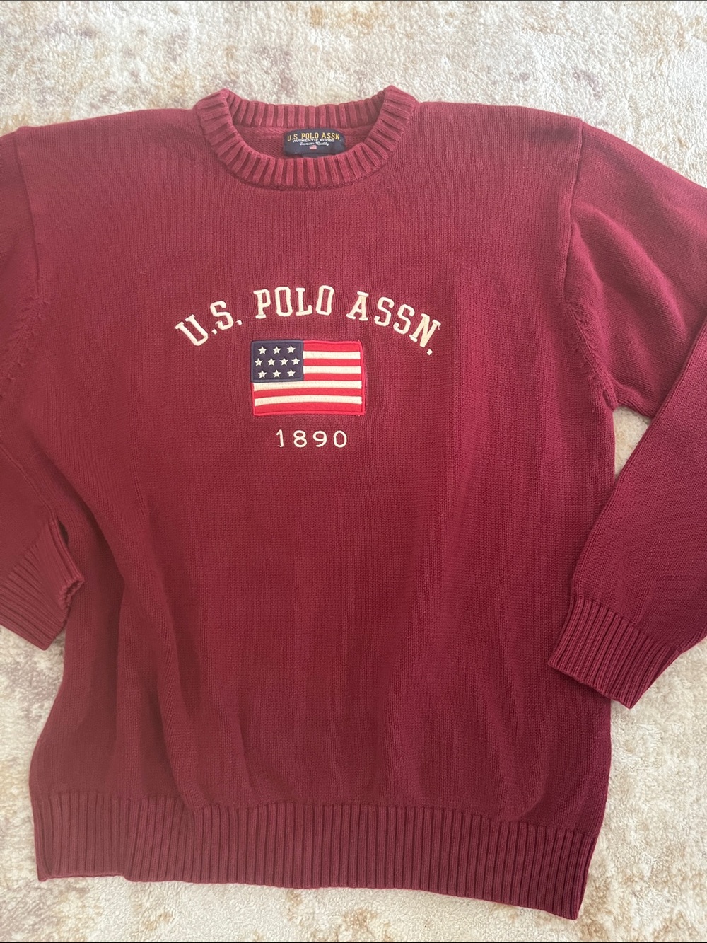 U.S. Polo Association Y2K American Flag Maroon Crewneck Cotton Sweater Size XL